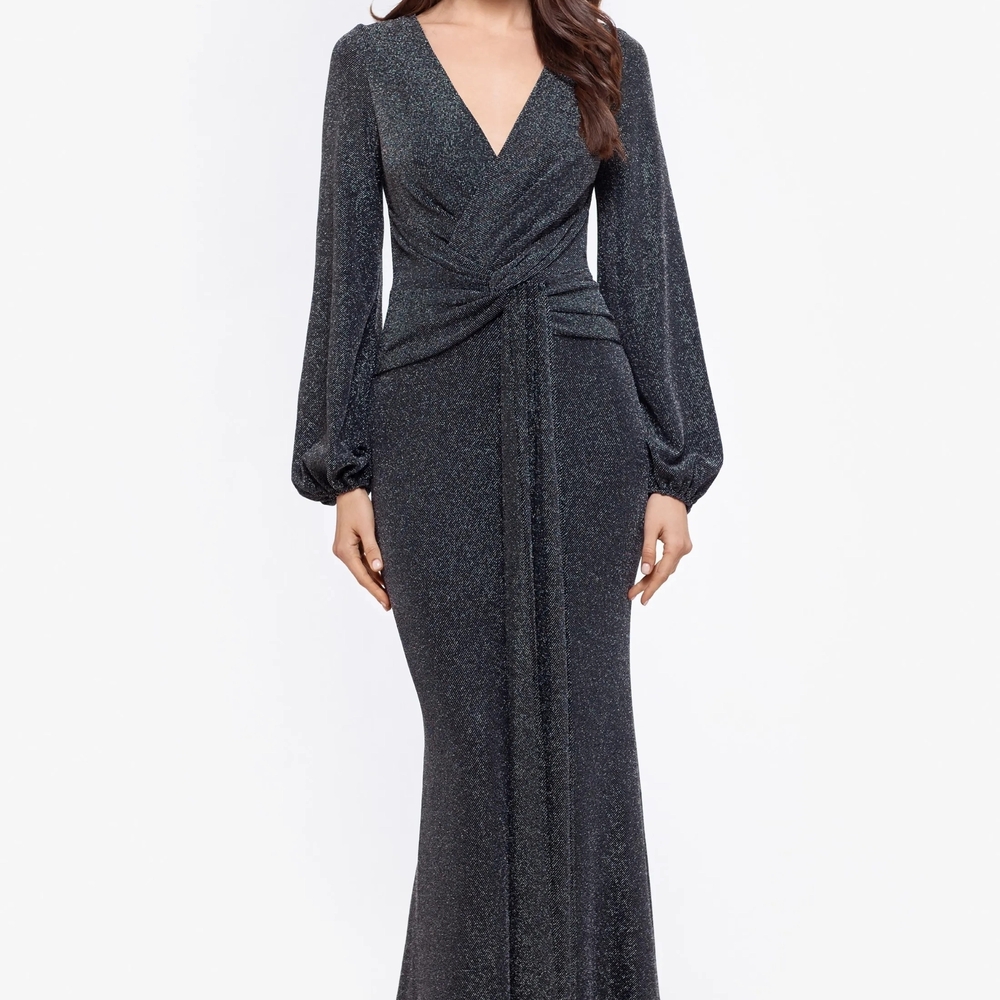 Besty and Adam Elegant Sparkle Long Sleeve Wrap Gown